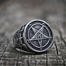 Gothic Occult Church of Satan Pentagram Rune Sigil Stainless Steel Ring Witch Sa - £8.84 GBP