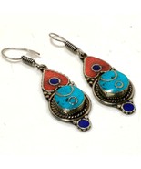 Turquoise Coral Lapis Lazuli Gemstone Drop/Dangle Earrings Nepali 2.50&quot; ... - £4.77 GBP