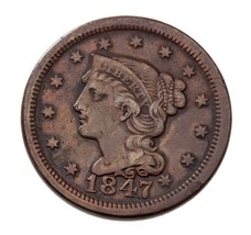 1847/47 Large/Small 57 1C large Cent in Very Fine VF Condition, Nice Overdate - $168.28