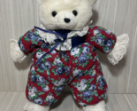 Dandee vintage white teddy bear Plush red blue floral outfit lace ribbon... - $29.69
