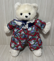 Dandee vintage white teddy bear Plush red blue floral outfit lace ribbons READ - £23.26 GBP