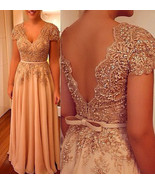 Cap Sleeves V Neck Long Prom Dresses Mother of Bride Dress with Appliques Beaded - £142.34 GBP