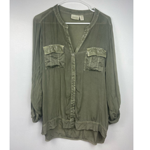 Chicos 2 Button Front Shirt Green Sequin Pockets Long Sleeve V Neck Women Size L - £7.96 GBP