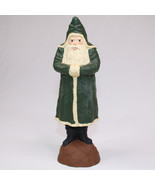 VINTAGE Wood Christmas Santa Claus Dressed In Green Coat With Black Boots - $13.08