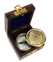 Antique Brass Compass with Wooden Box Nautical Vintage Collectible &amp; Gift - £31.35 GBP