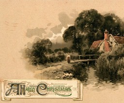 Vtg Unused Christmas Postcard A Happy Christmas Cabin Bridge Creek Winsch Back - £5.43 GBP