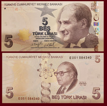TURKEY P222, 5 LIRA, Mustafa Kemel Atatürk / planets, atom, Aydın Sayılı... - $2.44