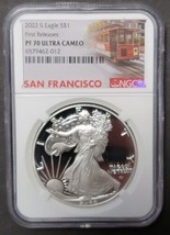 2022 S Silver America Eagle S$1 First Releases PF70 Ultra Cameo w/Trolley Label - £194.69 GBP