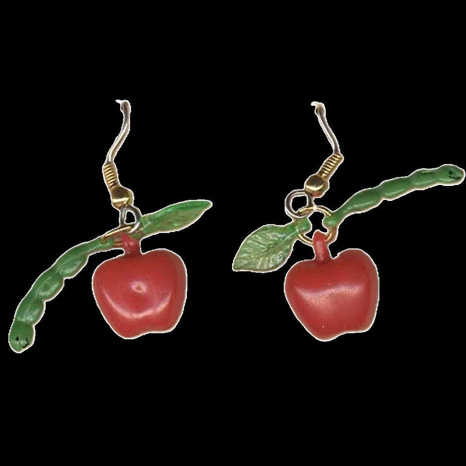 Retro Vintage APPLE w-WORM EARRINGS Fruit Orchard Teacher Novelty Funky Jewelry Item image 2