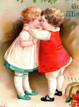 1914 Christmas Postcard Two Cute Girls Kissing Under Mistletoe - $12.87