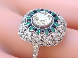 Estate Art Deco 1.01ct Euro Diamond Emerald Onyx Platinum Cushion Cocktail Ring - £8,527.60 GBP
