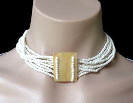 White Multi Strand Seed Bead Shell Short Choker Necklace Stretch Elastic Jewelry - £10.44 GBP