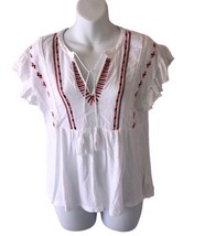 Lucky Brand Top Shirt Womens M White Embroidered Short Fluffy Peasant Boho - $15.80