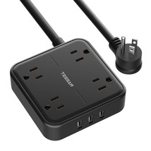 Flat Plug Power Strip With 3 Usb Ports, 4 Ac Outlets Black Extension Cord, 5 Ft  - £40.85 GBP