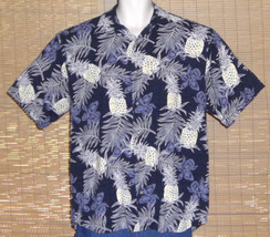Keeler Bay Hawaiian Shirt Blue White Yellow Pineapples Flowers Leave Size Medium - £25.02 GBP
