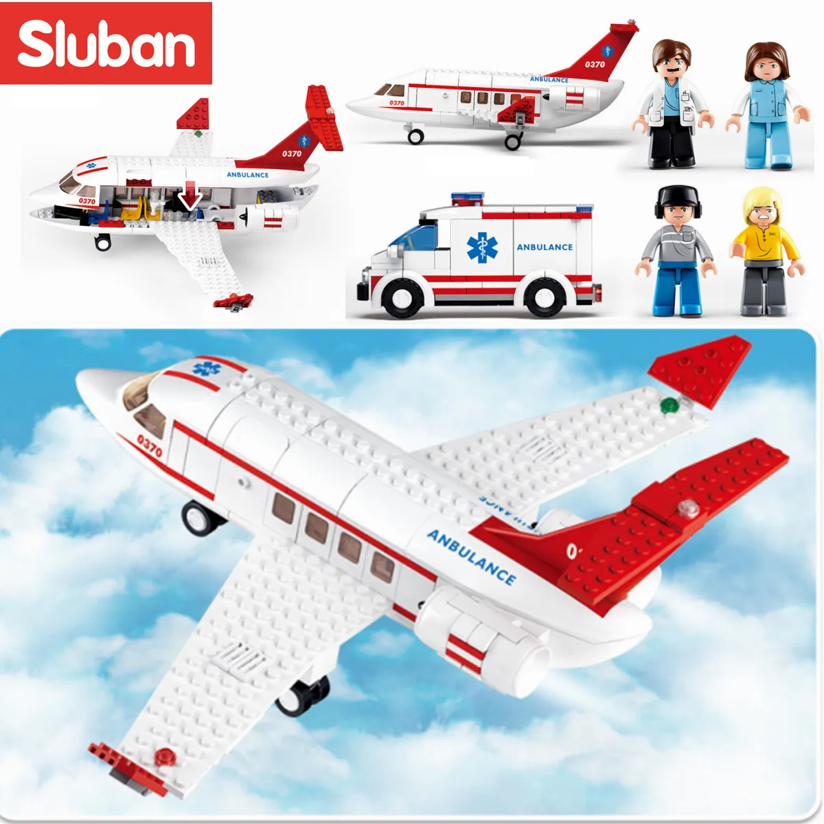 Sluban Building Block Toys Aviation Ambulance Plane 335PCS Bricks B0370 Medical - £25.35 GBP