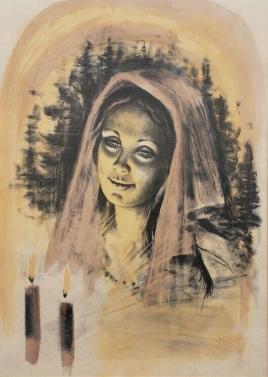 Vintage, Rare &amp; Signed YUDA Woman &amp; Shabbat Shabbos Candles Judaica Art ... - $668.24