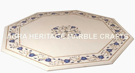 18&quot; White Marble Coffee Table Top Lapis Lazuli Inlay Floral Hallway Decor H4698B - £450.26 GBP