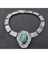 R. Espino Chrysocolla Inlay Mexican Mayan Mask Face Sterling Silver Neck... - $411.59 CAD
