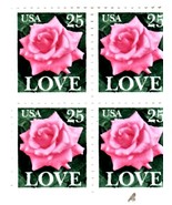 U S Stamps - 25 cent Love, Pink Rose, Block of 4 Sc # 2378  - £2.80 GBP