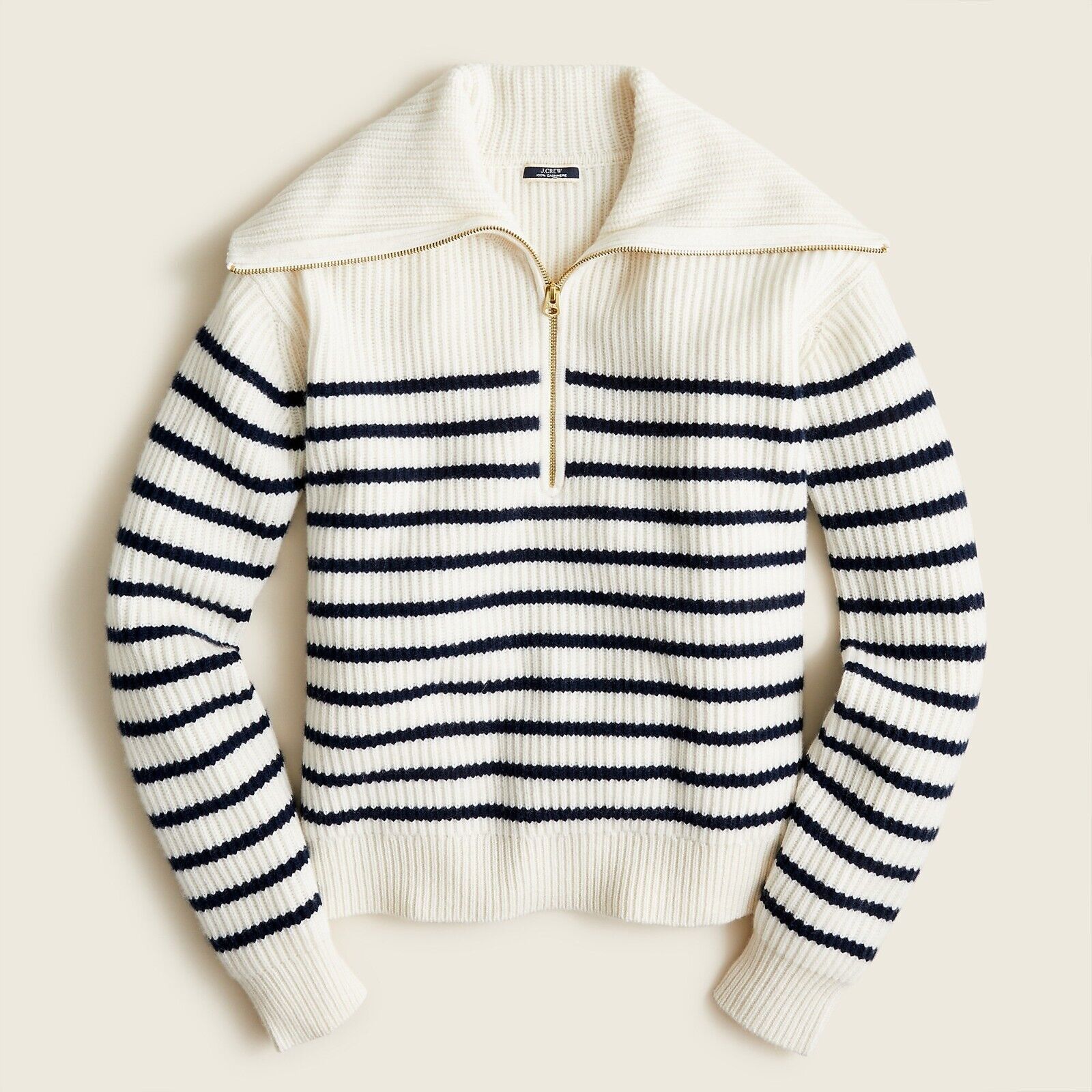 Primary image for NWT J.Crew Cashmere Half-Zip Pullover Sweater in Snow Navy Stripe M $298