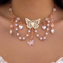 Y2K Elegant Faux Pearl Crystal Necklace Butterfly Pendant Necklace Jewelry Gift - £19.66 GBP