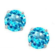 3.00 CT 7mm14K Solid White Gold Blue Topaz Round Shape Push Back Stud Earrings - £31.24 GBP