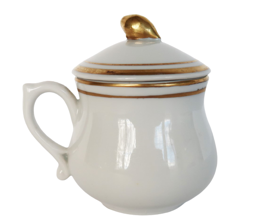 Vtg Andrea by Sadek small white &amp; gold accents stoneware lidded cup or c... - $12.00