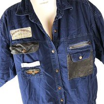 Vintage Shirt Top Short Circuit Blue oversized blouse M Leather accents ... - $19.74