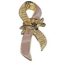 Vtg Avon Gold Tone Rose Breast Cancer Pink Enamel Ribbon Lapel Pin Brooch 2&quot; - £5.30 GBP
