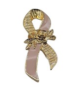 Vtg Avon Gold Tone Rose Breast Cancer Pink Enamel Ribbon Lapel Pin Brooch 2" - $6.79