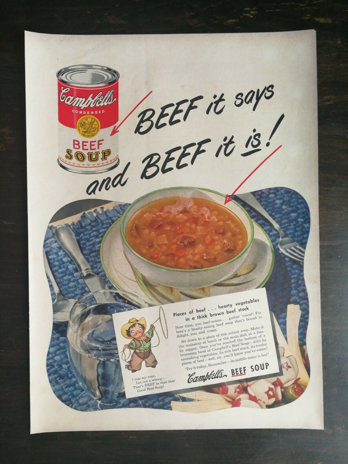 Primary image for Vintage 1950 Campbell's Beef Soup Full Page Original Ad 1221