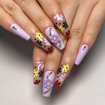 LPOODDNU Press On Nails Medium Coffin Glossy Purple 24Pcs Spring Daisy - $181.75 MXN