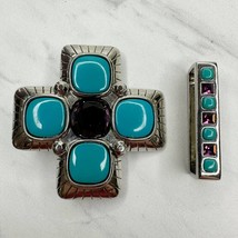 Blue and Purple Studded Silver Tone Cross Belt Buckle with Keeper - £15.81 GBP
