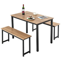 3 Pieces Dining Table Set with 2 Benches for Dining Room Kitchen Bar-Natural -  - £150.72 GBP