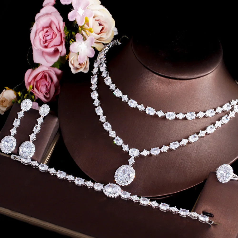 Bling White Cubic Zircon Round Two Layered Necklace 4Pcs Luxury Arabic Bridal We - £61.25 GBP