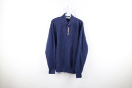 Vintage 70s Streetwear Mens Medium Faded Chunky Ribbed Knit Henley Sweater Blue - £48.06 GBP