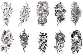 10 Sheets Yeahgoshopping Black Snake Temporary Tattoos with Flower Zombie Sword  - $12.86