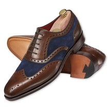 Oxford Two Tone Color Brogue Wing Tip with Suede Leather LaceUp Men Leather Shoe - £126.70 GBP