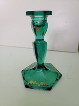 Vintage Fenton Glass Emerald Green Candle Holder Gold Accents - $23.76