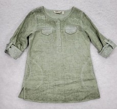 Soft Surroundings 100% Linen Roll Tab Sleeve Tunic Top Sequins Sz S Green Boho - £22.89 GBP