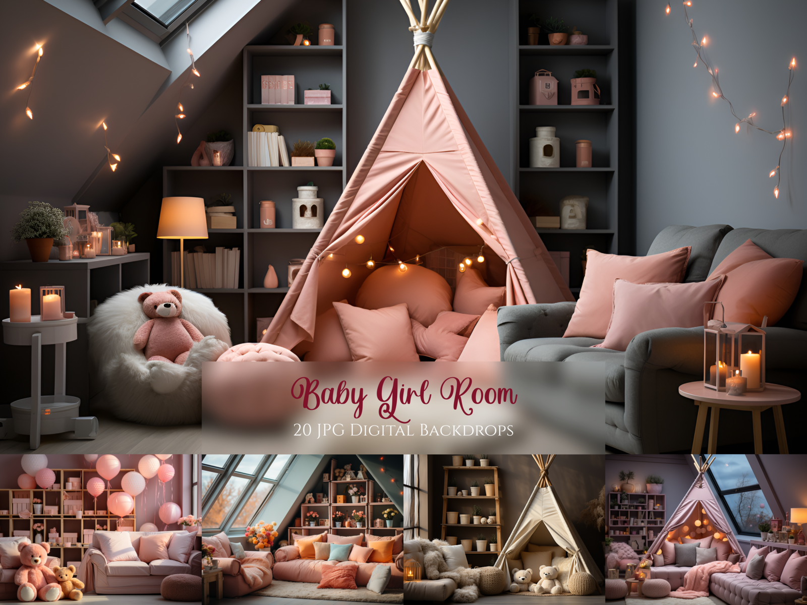 Primary image for 20 x Baby Girl Room Digital Backdrop, Studio Backdrop Overlay, Photoshop Overlay