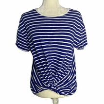 A New Day Cropped Striped Knot Shirt M Blue White Short Sleeve Elastic Back - $13.09