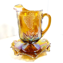 VTG Large Indiana Iridescent Harvest Grape Amber Carnival Glass Pitcher &amp; Dish - $27.99