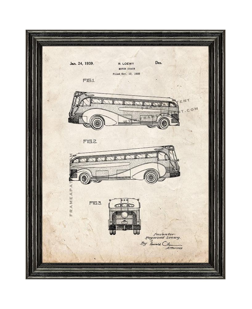 Motor Coach Patent Print Old Look with Black Wood Frame