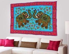 Gypsy Handmade Cotton Embroidery Blue Elephant Wall Hanging Home Decor Tapestry - £26.80 GBP