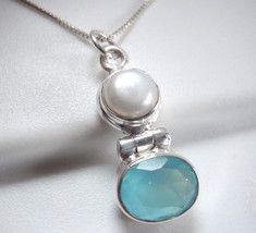 Faceted Chalcedony and Cultured Pearl Oval 925 Sterling Silver Pendant - £8.59 GBP