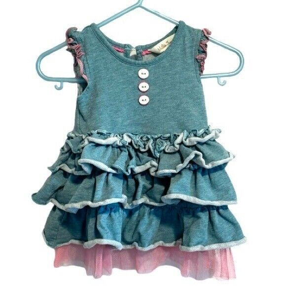 Matilda Jane 3-6 mos Gently Used Blueish-Green w/Pink Ruffle Dress. Super Cute! - $24.75