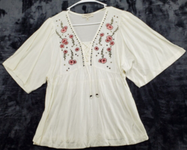 Haute Hippie Blouse Top Womens XS White Short Sleeve V Neck Lace Up Embroidered - £17.47 GBP