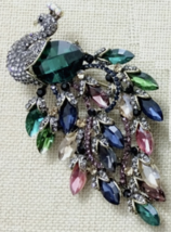 Multicolour Peacock Big Brooch Vintage Look Gold Plated Suit Coat Broach Pin ZY3 - £25.27 GBP